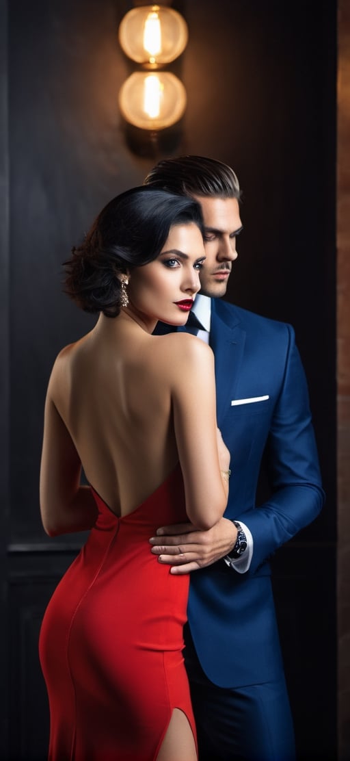  create a Beautiful women leaning to her lover with her back to his chest. women wearing elegant one piece long red dress, Raven black hair, blue eyes, bright red lipstick, high heels,men wearing luxury dark blue suit, golden watch, short hair, clean shave,.couple expresing romantic atmoshphere, dark lighting, background luxury party.,photo r3al,Movie Still,more detail XL,detailmaster2