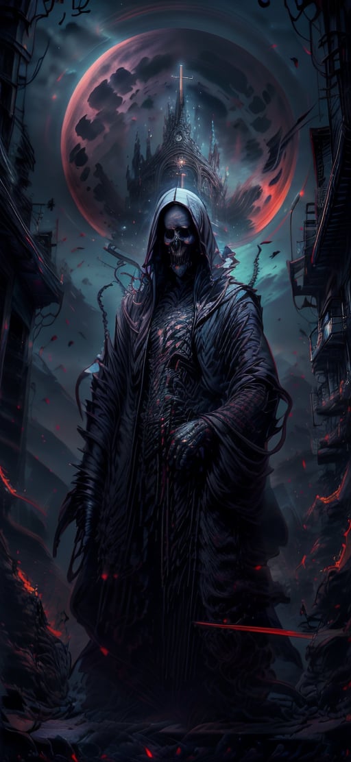  create a Grim reaper standing on top of church.He is illuminated from back by red moonlight.Terrifying, death, image taken from below of grim reaper.,fantasy00d,night_view_background