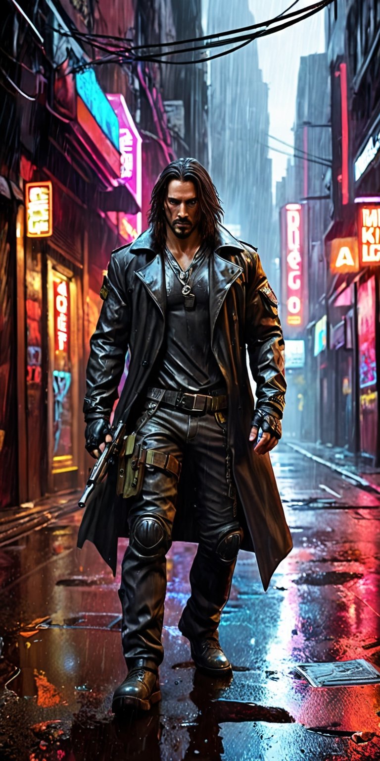 Generate hyper realistic image of Johnny Silverhand as a high-tech mercenary vigilante, equipped with cutting-edge cyber weapons and a cyberpunk trench coat. Set the scene in a rain-soaked alley where neon signs reflect off the wet pavement, capturing the essence of a futuristic urban warrior.upper body