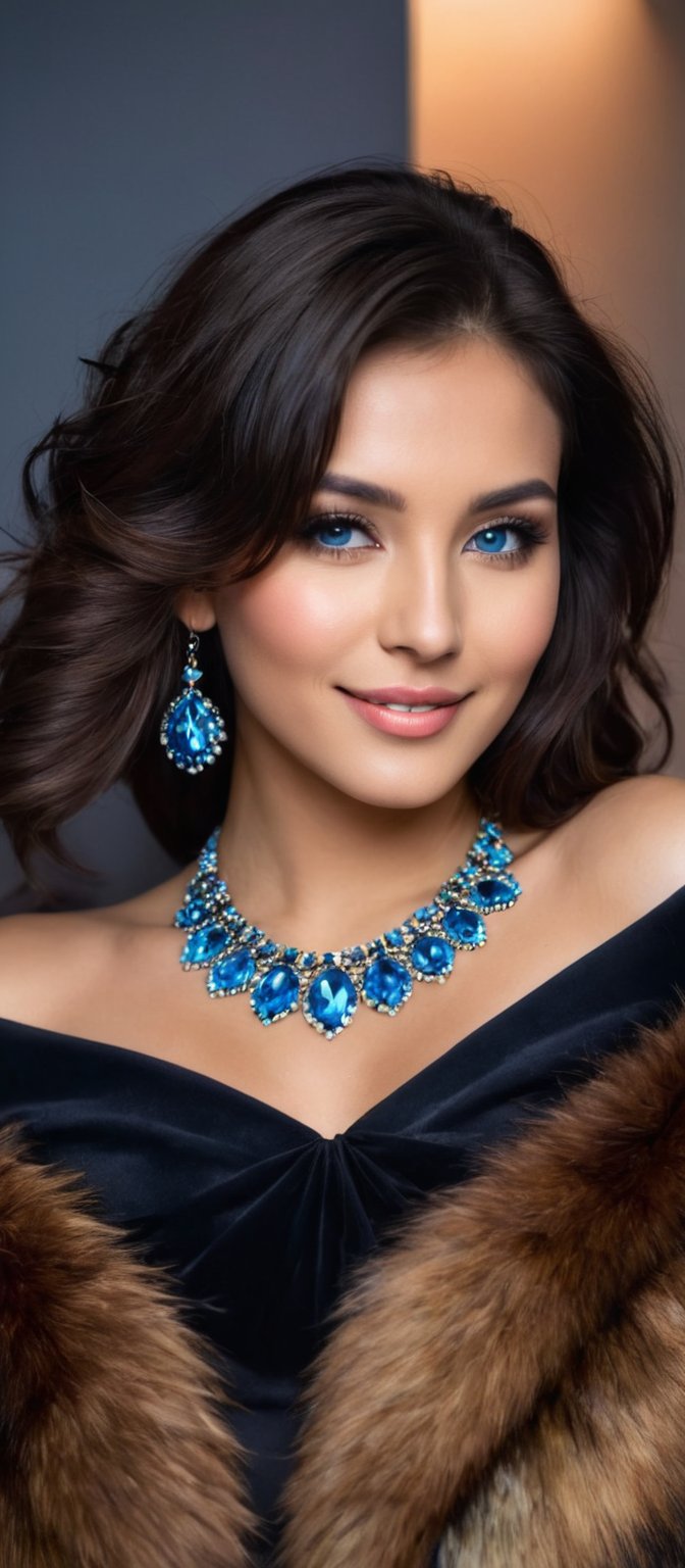 Generate hyper realistic image of a beautiful native woman with dark brown hair cascading down her back, looking directly at the viewer with a gentle smile. She has striking blue eyes and is wearing a black strapless dress paired with a brown fur coat draped over her shoulders. Her neck is adorned with a multi-colored necklace, composed of blue stones arranged in a circular pattern. The setting is a dark room that highlights the elegance of her attire and the vividness of the necklace.