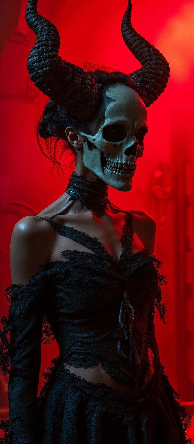 Generate hyper realistic image of a female with dark, curvy and sinister figure, blending elements of horror and gothic fantasy. The woman's head is largely skeletal, with a detailed and prominent skull serving as a mask. On top of the skull, there are massive, twisted horns. These horns are black and jagged, curving upward. The woman's body is partly exposed, but draped in intricate black lace and armor-like adornments. Bone-like details are incorporated into the armor around the chest, further emphasizing death and decay. The image is bathed in dark red light, giving it a hellish atmosphere. The red glow emanates from behind and around the character, creating dramatic shadows and highlighting the figure’s skeletal features. The background is dimly lit and blurred  a gothic temple.