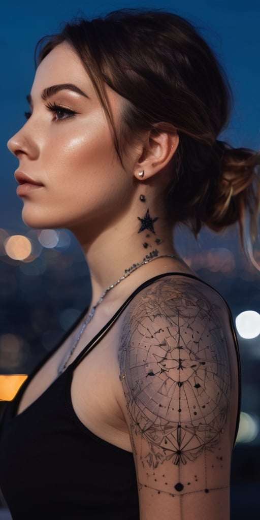 Generate hyper realistic image of a scene featuring a young woman with a captivating star map tattoo across her face, wearing avant-garde celestial-inspired fashion, attending a stargazing event on a rooftop with a panoramic view of the city skyline.Extremely Realistic, up close, 