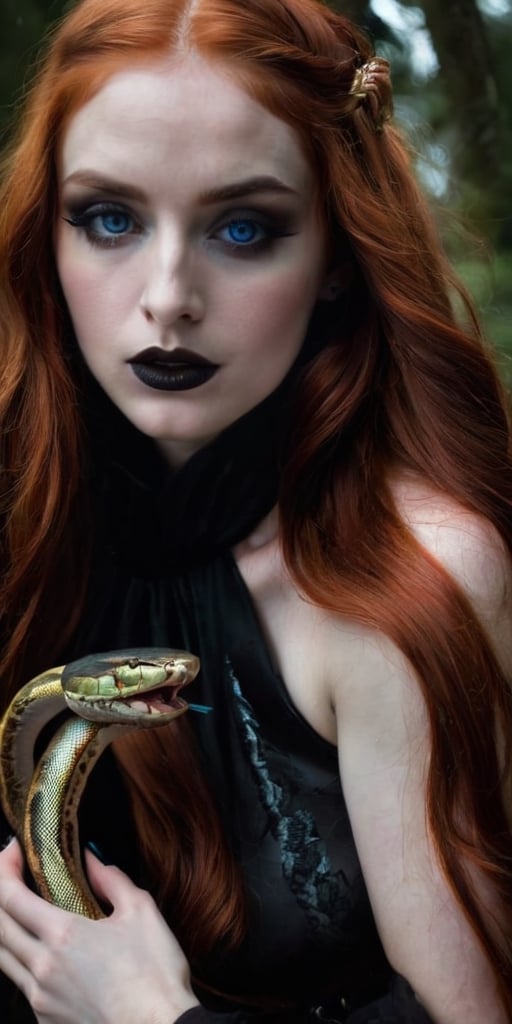 Generate hyper realistic image of a girl with long, flowing red hair, like strands of fire, holds a snake in her hands. Her piercing blue eyes, filled with a mix of curiosity and fearlessness, meet the gaze of the snake as she leans in to kiss its head. Her bare shoulders add a touch of vulnerability to her dramatic presence. Her pale, porcelain skin serves as a striking canvas for her gothic-inspired aesthetic. Her eyelashes, bold and expressive, frame her intense gaze, while her gothic makeup, featuring dark and smoky eyeshadow, adds depth to her look. Her lips, painted a vibrant shade of red, exude a powerful allure. With black lips that echo her dark aura, she emanates a sense of mystery and enchantment, embracing the dramatic vibes that surround her