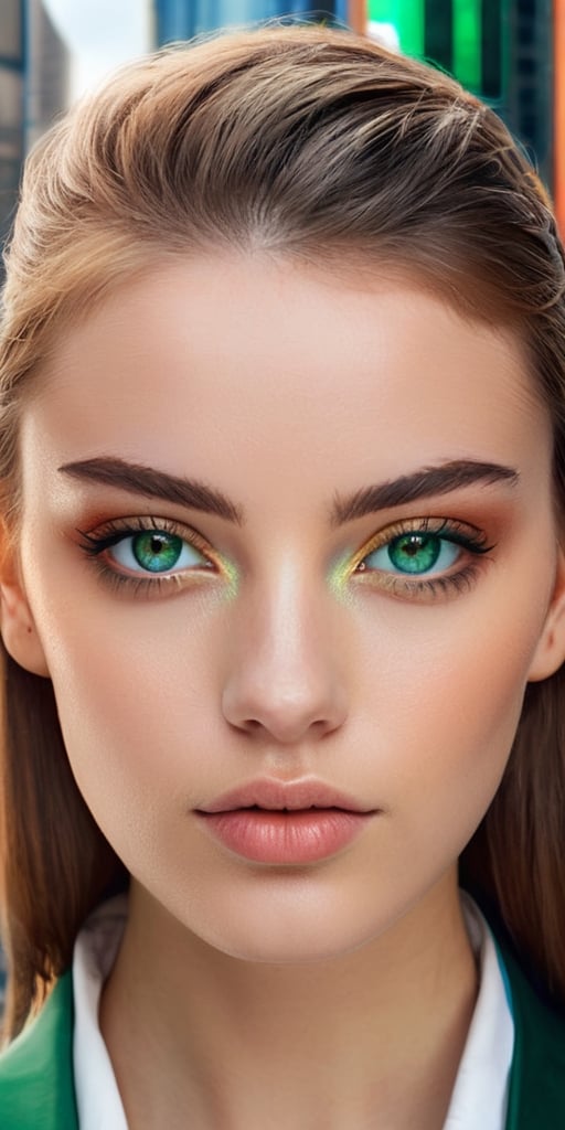 Generate hyper realistic image of a distinctive 18-year-old woman with striking heterochromia, one eye a rich amber hue and the other a deep emerald green, standing amidst a futuristic urban landscape with holographic billboards and sleek architecture.Extremely Realistic, up close, 