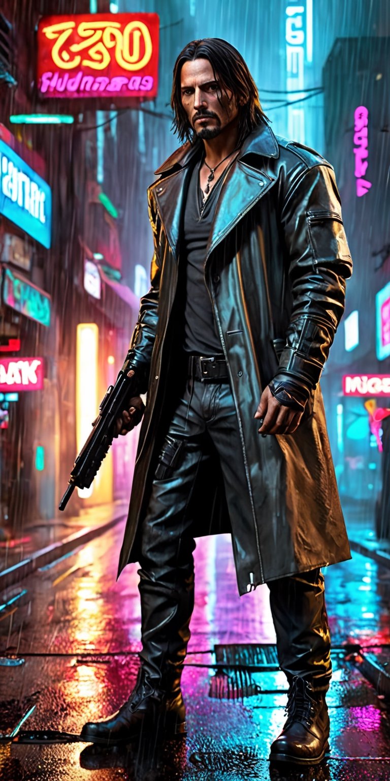 Generate hyper realistic image of Johnny Silverhand as a high-tech mercenary vigilante, equipped with cutting-edge cyber weapons and a cyberpunk trench coat. Set the scene in a rain-soaked alley where neon signs reflect off the wet pavement, capturing the essence of a futuristic urban warrior.