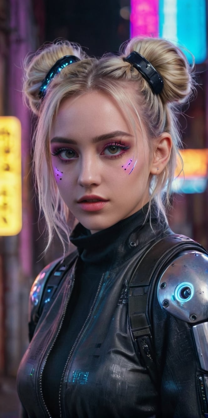 Generate hyper realistic image of a playful blonde with futuristic space buns, neon makeup, and a cyberpunk-inspired outfit, playfully posing in a gritty cyberpunk alley illuminated by neon lights and holographic billboards.up close