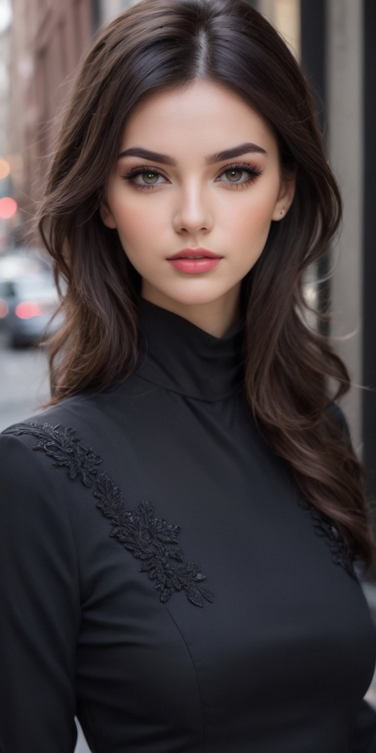  create a beautiful women from rich family looking down on  viewer.short dark brown hair, bobcat hairstyle, elegant outfit, dark make ip , long lashes, pink lips, brown eyes, up close, street view. 