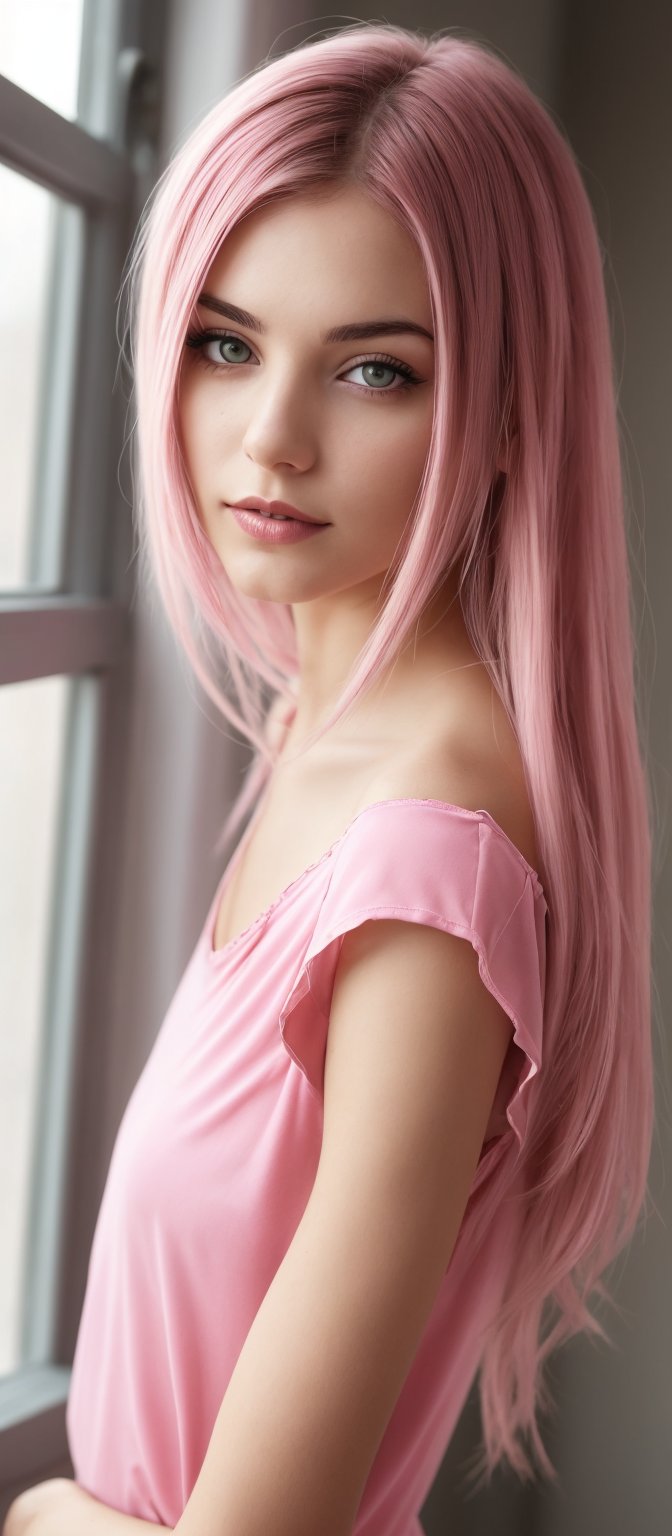 Generate hyper realistic image of a woman with long, flowing, deep red hair that falls in loose waves. The hair is voluminous and catches the light beautifully. Her eyes are highlighted with subtle makeup that enhances their shape. She is dressed in a soft, pastel pink top, which complements her hair color. She is posing with a fresh strawberry held delicately near her lips. Her head is tilted slightly, and her gaze is directed towards the camera. The background is softly lit, with light coming from one side of the window, creating a warm and cozy ambiance.