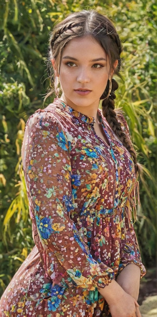 Generate hyper realistic image of a playful brunette with charming braided pigtails, a sun-kissed complexion, and dressed in a boho floral maxi dress with fringe accessories. She teasingly poses amidst vibrant flowers in a sunlit and colorful garden.. up close