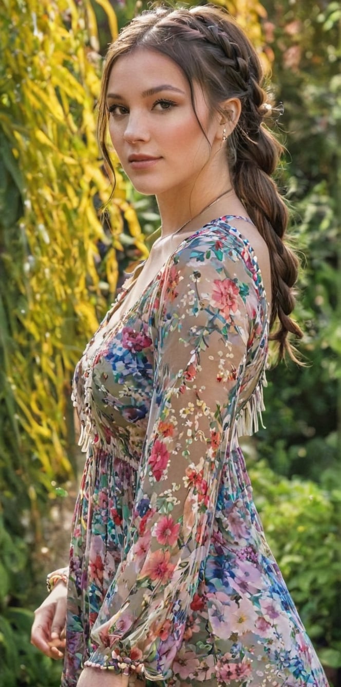 Generate hyper realistic image of a playful brunette with charming braided pigtails, a sun-kissed complexion, and dressed in a boho floral maxi dress with fringe accessories. She teasingly poses amidst vibrant flowers in a sunlit and colorful garden.. up close