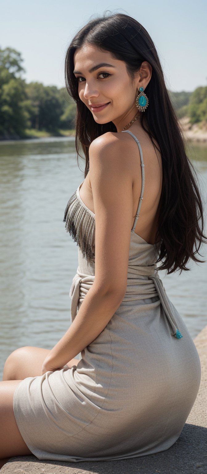 Generate hyper realistic image of a woman with long, flowing black hair that cascades down her back. Her hair is shiny and well-maintained. She has expressive eyes with a friendly and inviting look, enhanced by her natural makeup. She is wearing a beige dress with intricate details and embellishments. The dress has a low-cut neckline adorned with delicate trim and fringe, and it fits snugly around her waist before flowing out. She wears a striking turquoise necklace and matching earrings. She is seated by a serene riverside, her body slightly turned to the side. One hand rests on her knee while the other is gently touching the ground. Her expression is warm and approachable, with a bright smile that lights up her face.