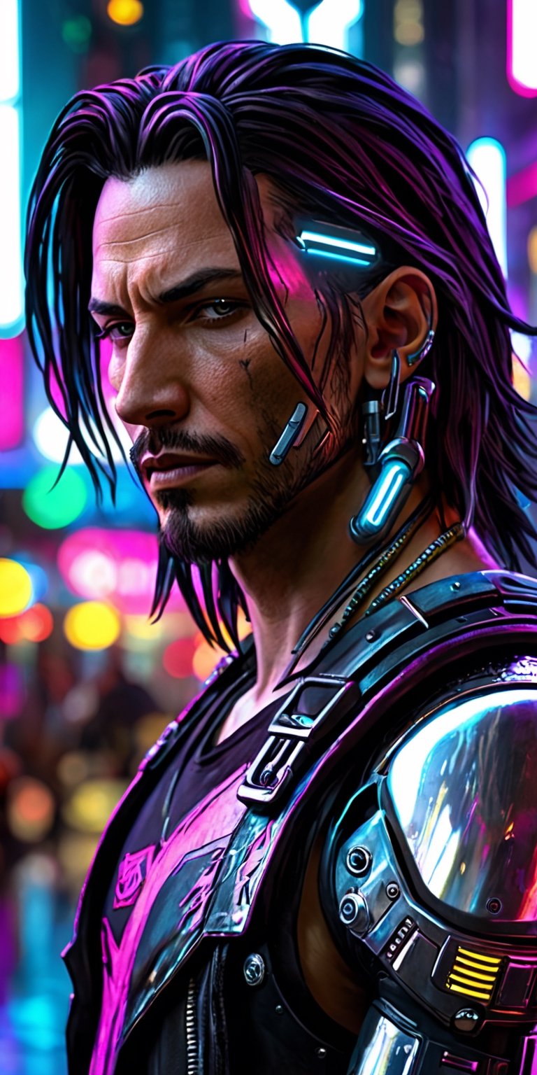 Generate hyper realistic image of a cyberpunk version of Johnny Silverhand, featuring augmented cybernetic enhancements, a luminous silver cyber arm, and a rebellious demeanor. Set against the backdrop of a neon-lit dystopian cityscape, capturing the essence of a digital rebel icon.