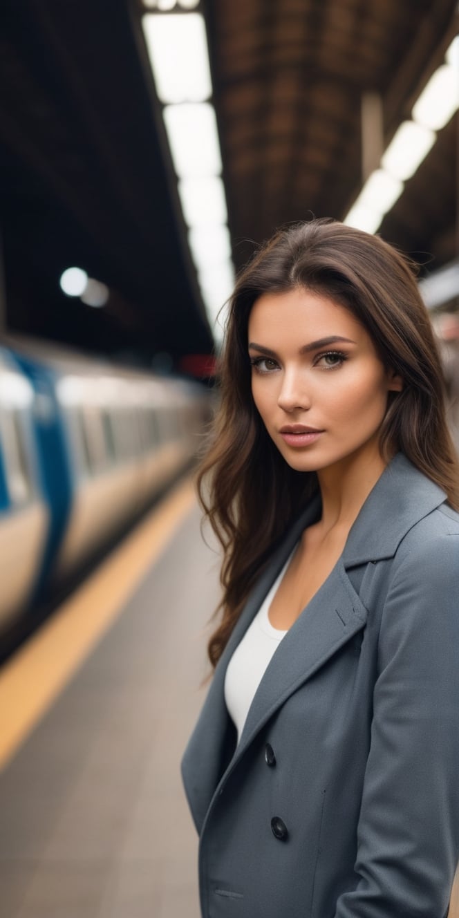  Create a beautiful brunnette super model woman standing in underground train station, near upcoming blurred fast train. high detailed, sharp focus of the women, up close