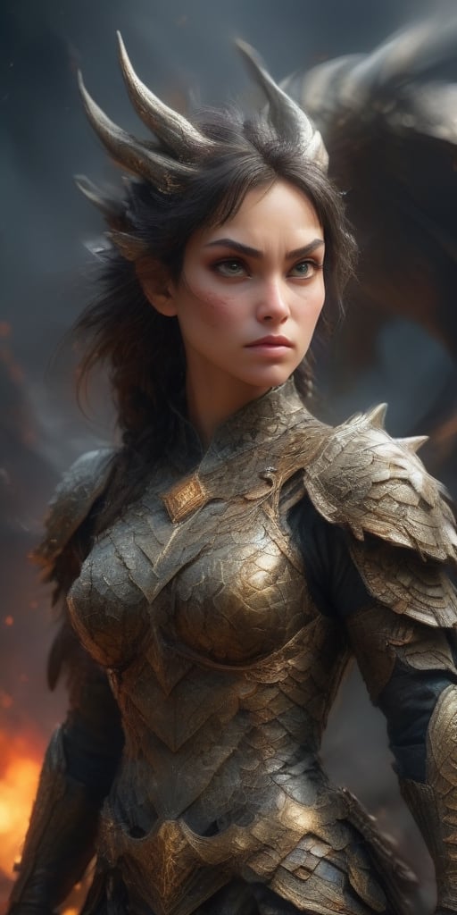 Generate hyper realistic image of a fierce female warrior with dragon scales covering her armor, wings unfurled in battle-ready glory, and a dragon tail emerging from the armor. The background could depict a battlefield or a mythical realm.more detail XL,Dragon,Sci-fi ,<lora:659095807385103906:1.0>