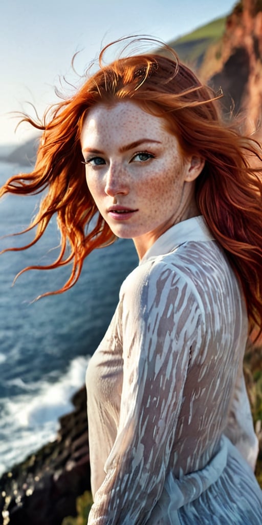 Generate hyper realistic image of a woman with a windswept mane of fiery red hair, her freckled shoulders exposed as she stands on a cliffside overlooking a rugged coastline, the crashing waves below creating a symphony of sound.