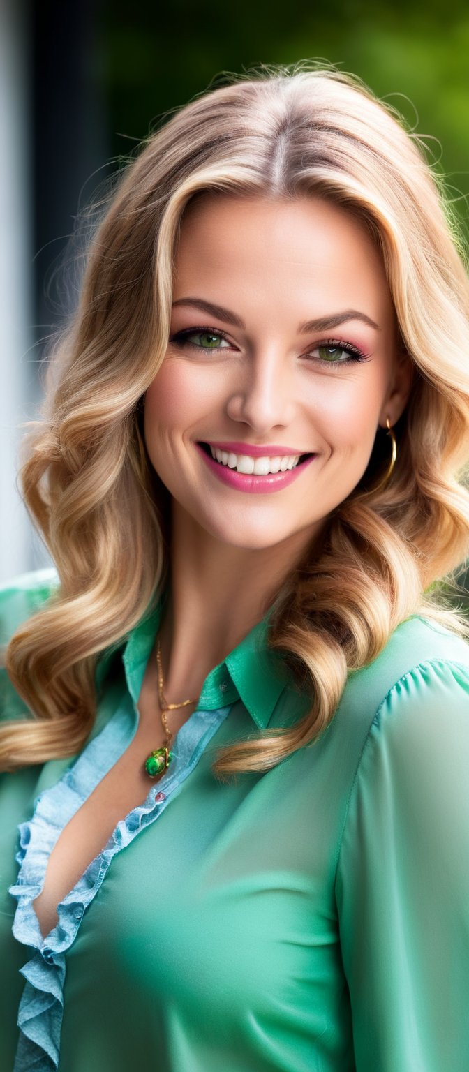 Generate hyper realistic image of a woman with long blonde hair, looking at the viewer with a smile and green eyes. She has one eye closed, wearing a shirt with frills, and a necklace. Her fingernails are painted red, and her lips are also red. She has detailed facial features, clear skin, and dimples that highlight her bright smile. Her eyelashes are prominent, and she has light brown hair strands mixed with the blonde. The background is blurry, making her the focal point. She has her hands on her face, showcasing pink nails, and her forehead is visible.