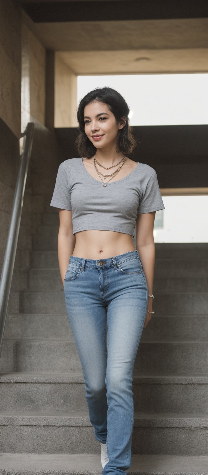 Generate hyper realistic image of a woman standing confidently on a set of stairs, looking directly at the viewer with a friendly smile. She is wearing a short-sleeved gray t-shirt with "womp womp" written in white on the front. Her hair is dyed a vibrant light green, cut short to frame her face. She accessorizes with a simple black necklace around her neck. The woman is wearing blue jeans that have been fashionably cut off at the bottom, paired with eye-catching blue high-heeled boots.