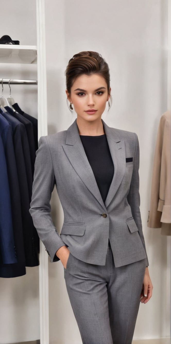 Generate hyper realistic image of a chic brunette with a polished French twist, elegant makeup, and a tailored designer pantsuit, playfully posing in a high-end boutique surrounded by luxurious clothing racks and accessories.up close