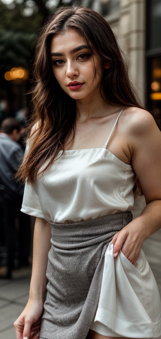 Create a beautiful woman drinking coffee outside coffee shop ,wearing a white silk dress, looking at the viewer,very curvy figure, vivid colors, brown hair, big and beautiful eyelashes, light_grey_eyes, black lips,looking happy.,Makeup,Realism,Epicrealism