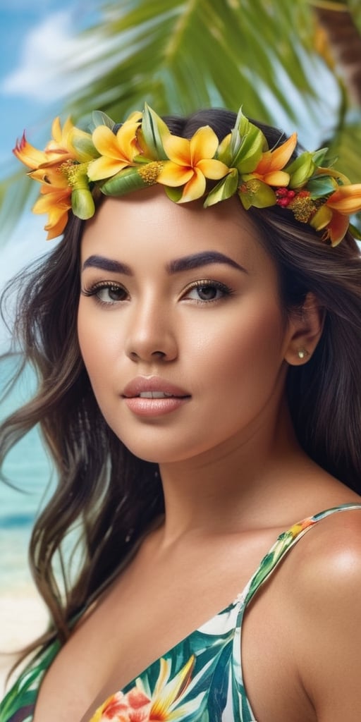 Generate hyper realistic image of a modern and empowered Native Hawaiian woman with a tropical floral crown, wearing a stylish beach-inspired ensemble, enjoying a day in the sun with the backdrop of palm trees and crystal-clear waters.Extremely Realistic, up close, 