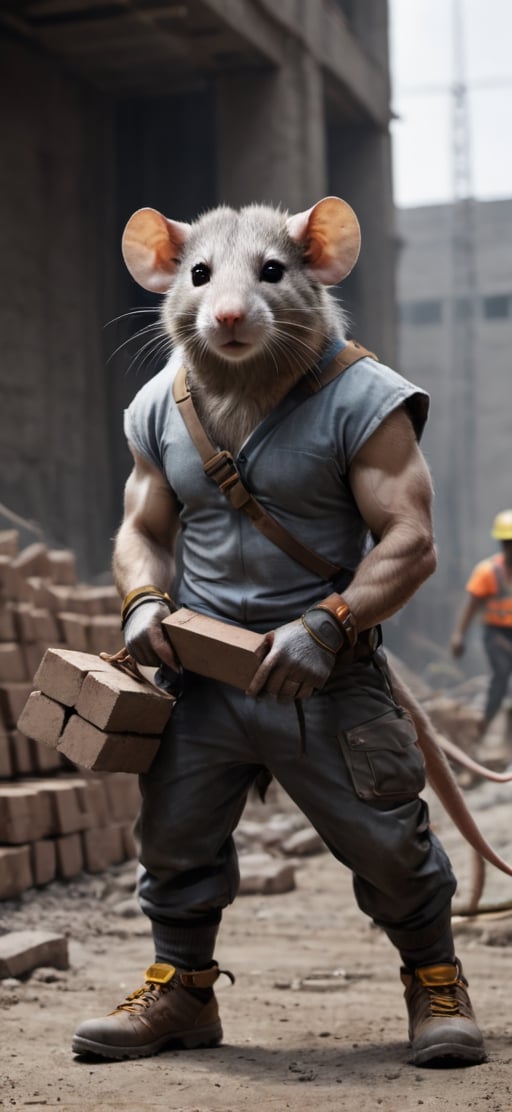  create a Bunch of rat with mens body.carrying bricks in construction site,athletic human body,  visible tails, wearing work safety outfit and helmet, work shoes , sharp focus,symetrical size . ,Movie Still,more detail XL