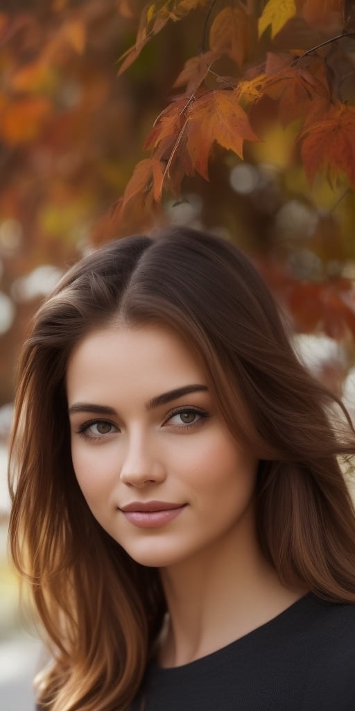 Generate hyper realistic image of a beautiful woman with long, brown hair cascading down, looking directly at the viewer with expressive brown eyes. She wears a long-sleeved top, accentuating her upper body, and her lips curve into a serene smile. In this realistic portrayal, a delicate leaf or plant adds a touch of nature, evoking the tranquil essence of autumn.