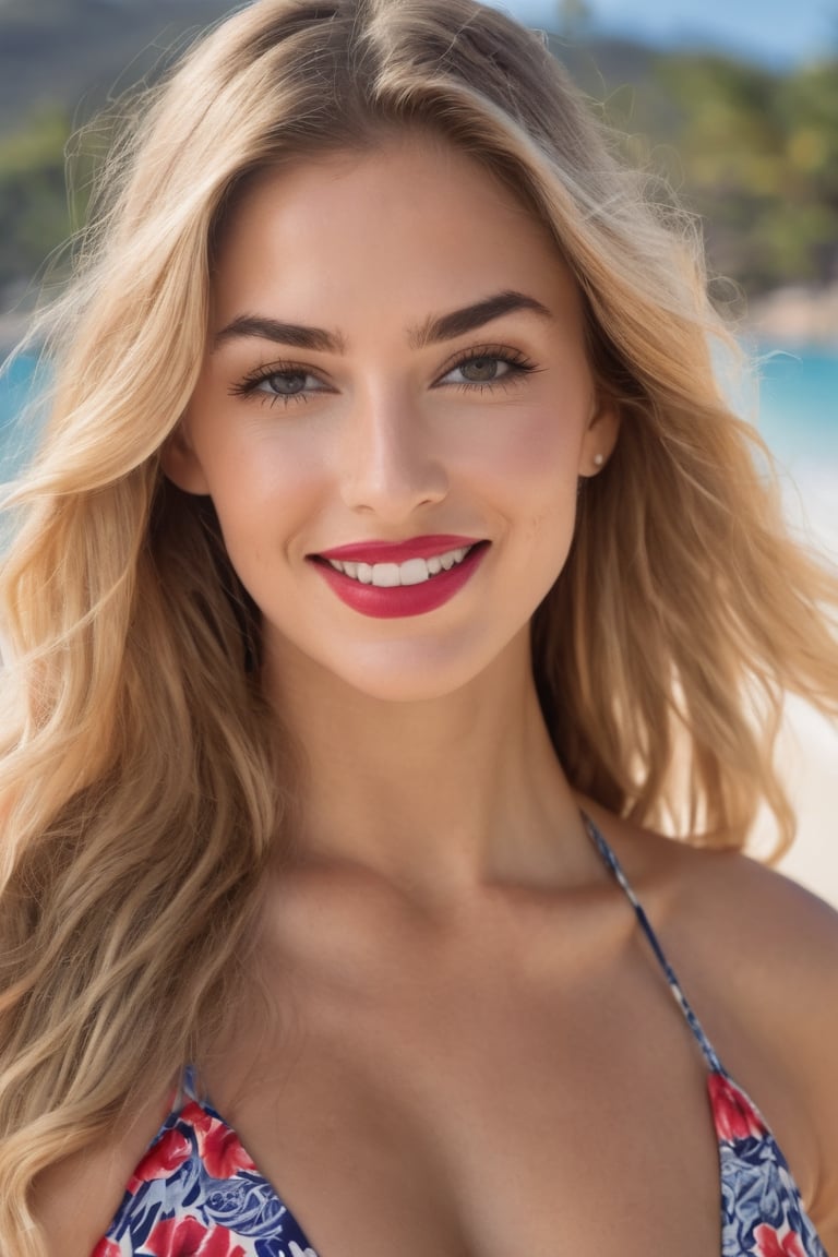 create a hyper realistic image of beautiful woman   shyly smiling at viewer, Long natural blonde hair, wavy hair, walking in hawaii beach , fancy bikini long dark eyebrows, long eyelashes, 
 red lips,make up,round ass and big breast, background of blurred outside , 8k, high detailed, sharp focus.,