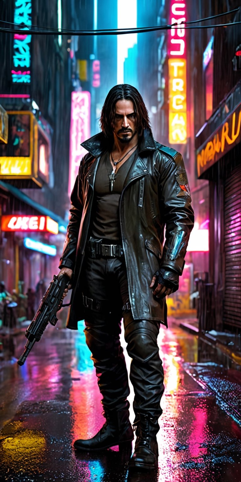 Generate hyper realistic image of Johnny Silverhand as a high-tech mercenary vigilante, equipped with cutting-edge cyber weapons and a cyberpunk trench coat. Set the scene in a rain-soaked alley where neon signs reflect off the wet pavement, capturing the essence of a futuristic urban warrior.