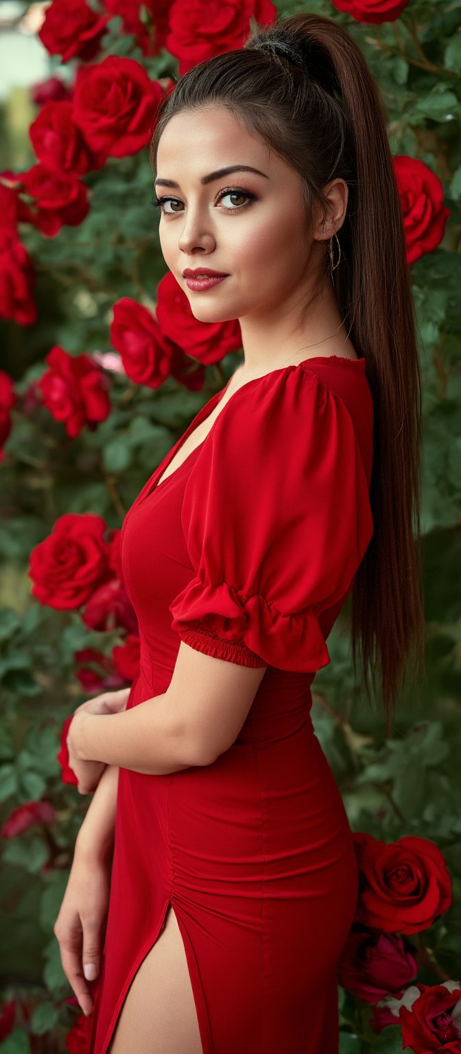 Generate hyper realistic image of a young woman is standing in a beautiful garden with blooming red roses and greenery. She has long, dark brown hair styled in a high ponytail and a fair complexion with large, expressive brown eyes. Her makeup is subtle, highlighting her natural beauty. She is dressed in a form-fitting, elegant red dress with short puffed sleeves. The dress has a high slit, revealing her thigh.