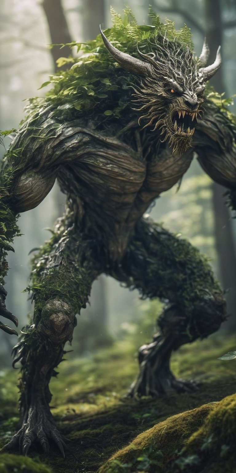  create a plant monster born to protect nature from humans.loving to earth ir hatred towards humans.he is resembling plants and animal beast.background of nature, sharp focus, high detailed.