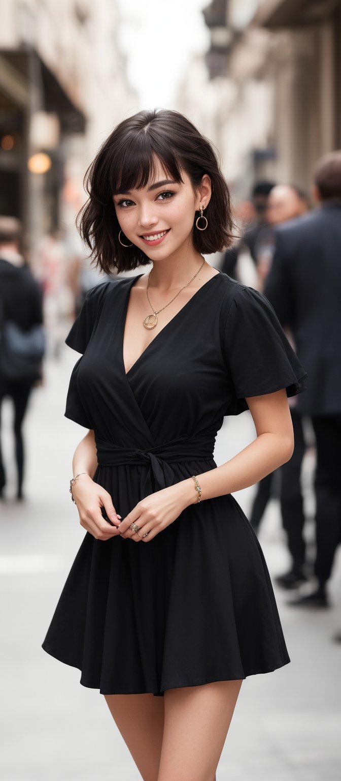 Generate hyper realistic image of a woman with flowing hair that cascades down her back. She is looking at the viewer, smiling with parted lips and a blush on her face. She has bangs, short hair, and large breasts. Her blonde hair frames her face, and she is dressed in a black dress that covers her nipples and navel, showcasing her cleavage. Her green eyes are vibrant, and she wears jewelry including a necklace and earrings. Her collarbone is visible, and she has a bright smile, black lips, and clear skin. The short sleeves of her dress add a stylish touch as she stands indoors.