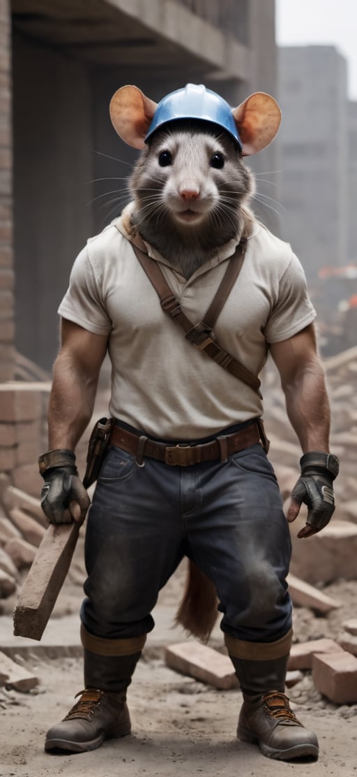  create a Bunch of rat with mens body.carrying bricks in construction site,athletic human body,  visible tails, wearing work safety outfit and helmet, work shoes , sharp focus,symetrical size . ,Movie Still,more detail XL