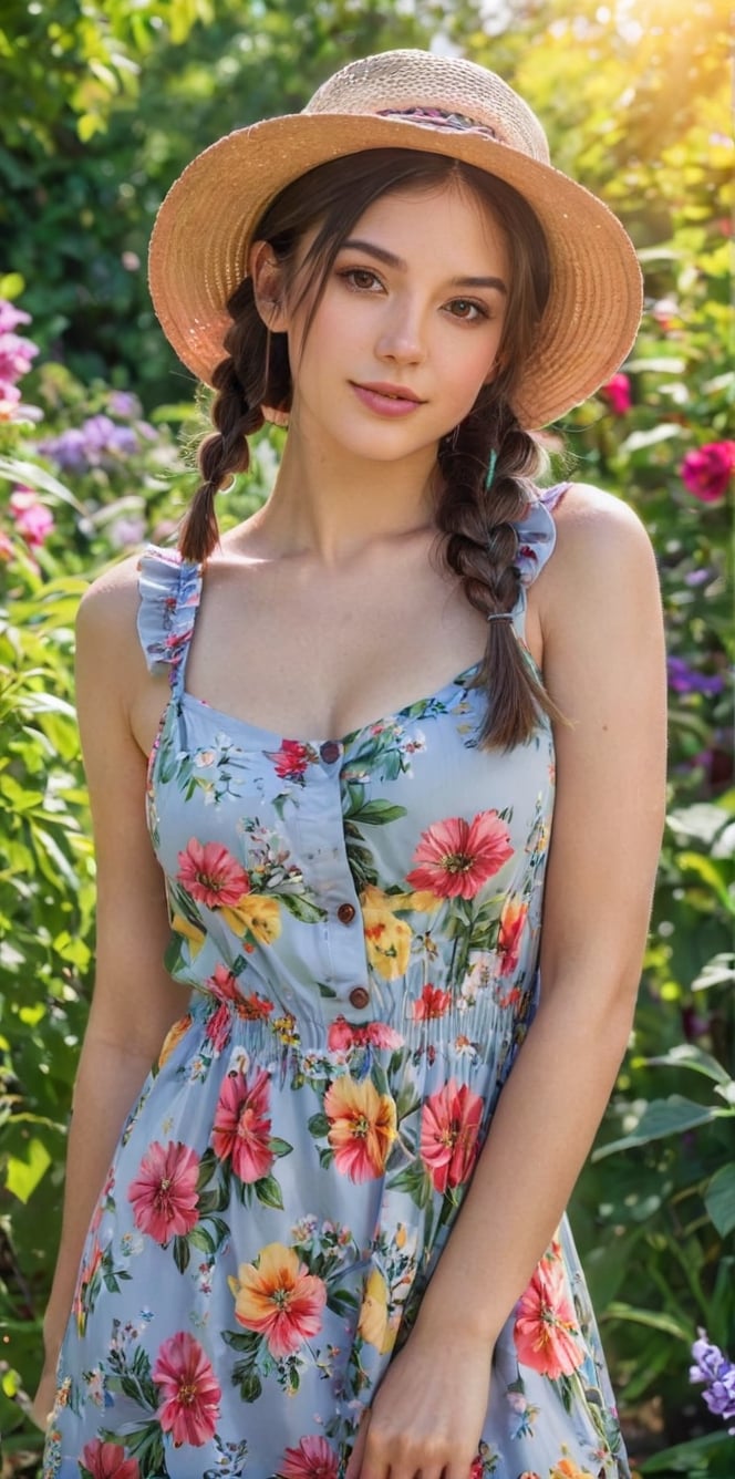 Generate hyper realistic image of a playful brunette with charming braided pigtails, a floral summer dress, and a sun hat, teasingly posing amidst vibrant flowers in a sunlit and colorful garden.up close