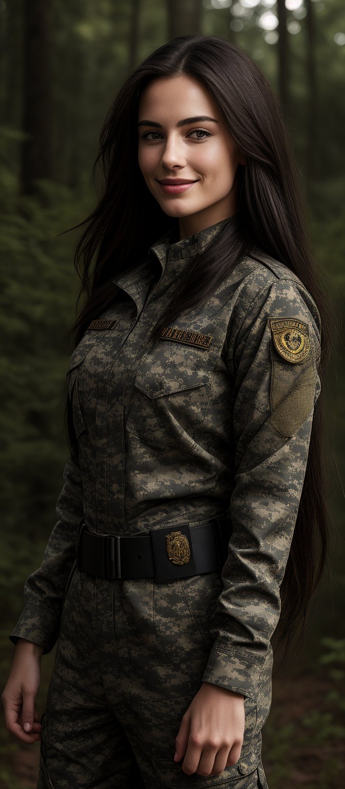 Generate hyper realistic image of a woman with long, straight, dark brown hair that flows freely down her back. She is wearing a full military uniform in camouflage pattern, which includes a long-sleeved shirt and matching pants. The uniform fits snugly, emphasizing her curves. The outfit is complete with a belt and insignia on her sleeve. She has teasing smile while gazing at the wiewer. The background is set in forest.