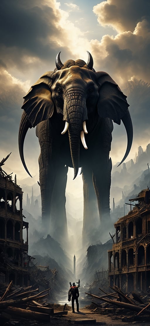  create a giant behemoth destroying old city, middle age times, elephant head, humanoid body,powerful humans-eating, river-dwelling beast with bones likened to bronze pipes and limbs likened to iron bars, photo takem from human perspective. background of destroyed city, dramatic lighting, sharp focusxyzabcplanets,Nature,FFIXBG