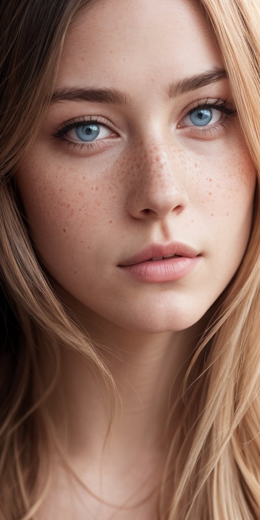 Generate hyper realistic image of a beautiful woman with long flowing hair, gazing directly at the viewer with serene blue eyes. Her parted lips hint at a subtle expression of tranquility, and realistic freckles grace her nose. This portrait captures the essence of a calm and captivating moment.