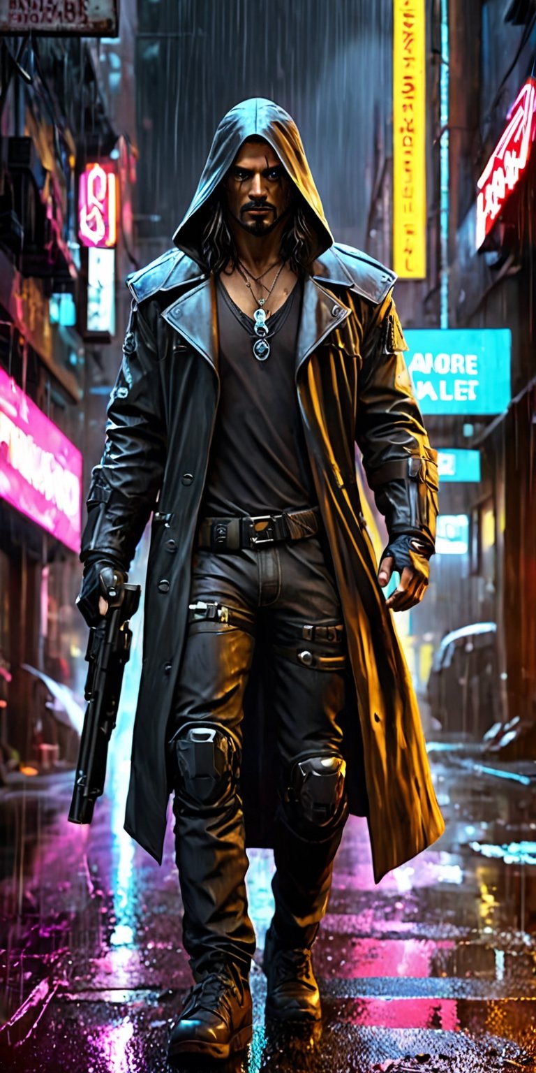 Generate hyper realistic image of Johnny Silverhand as a high-tech mercenary vigilante, equipped with cutting-edge cyber weapons and a cyberpunk trench coat. Set the scene in a rain-soaked alley where neon signs reflect off the wet pavement, capturing the essence of a futuristic urban warrior.