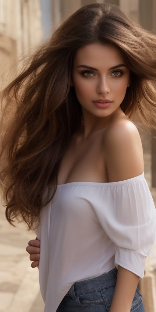Generate hyper realistic image of a beautiful woman with long, brown hair cascading down her shoulders. Her gaze meets the viewer's eyes as she poses outdoors, wearing open, off-shoulder clothes that complement her dark skin. The realistic depiction captures the essence of her beauty, highlighting her lips and upper body against a background reminiscent of a captivating photo.