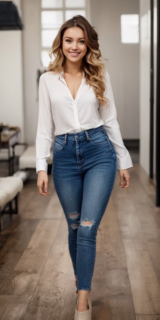 Generate hyper realistic image of a beautiful woman with long, blonde hair standing indoors on a wooden floor. She looks back at the viewer with a captivating smile, wearing a white shirt with long sleeves. The scene portrays her full body, adorned in denim jeans that accentuate her figure. This realistic depiction captures the charm of her multicolored hair and the casual elegance of the setting.