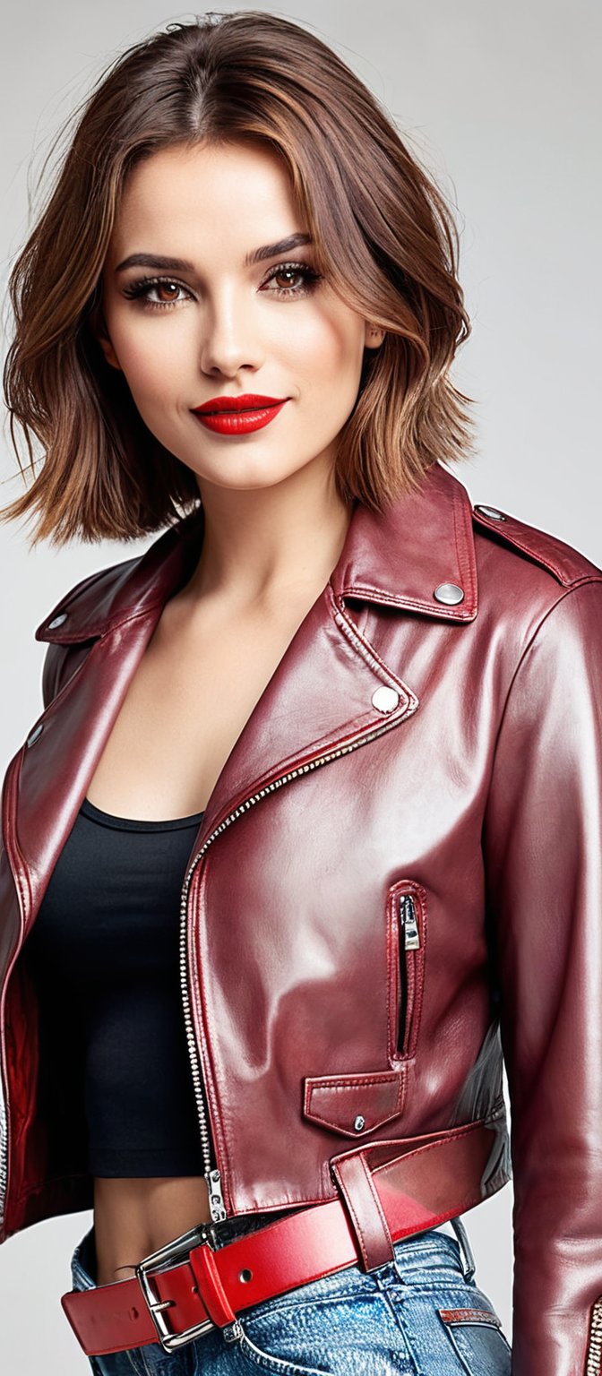 Generate hyper realistic image of a woman with long, brown hair and brown eyes, gazing directly at the viewer. She is dressed in a cropped biker jacket with a zipper, showcasing her midriff and slim waist. Her medium breasts are subtly highlighted by the crop top she is wearing. A red belt cinches her leather pants, adding a pop of color. With red lips and a bright smile, she exudes charm and radiates a magical aura.