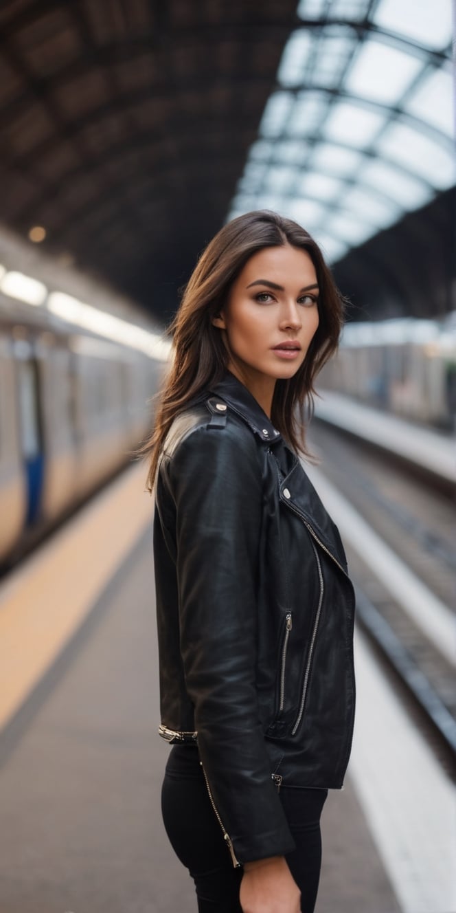  Create a beautiful brunnette super model woman standing in underground train station, near upcoming blurred fast train. high detailed, sharp focus of the women, up close