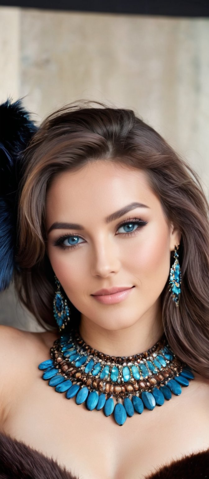 Generate hyper realistic image of a beautiful native woman with dark brown hair cascading down her back, looking directly at the viewer with a gentle smile. She has striking blue eyes and is wearing a black strapless dress paired with a brown fur coat draped over her shoulders. Her neck is adorned with a multi-colored necklace, composed of blue stones arranged in a circular pattern. The setting is a dark room that highlights the elegance of her attire and the vividness of the necklace.