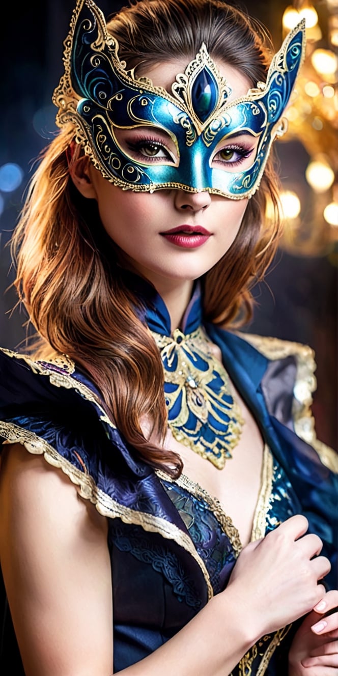 Generate hyper realistic image of a mysterious beauty portrait with the woman adorned in a moonlit masquerade mask. Experiment with shadows and moonlight to enhance the allure and mystique of the masquerade theme.