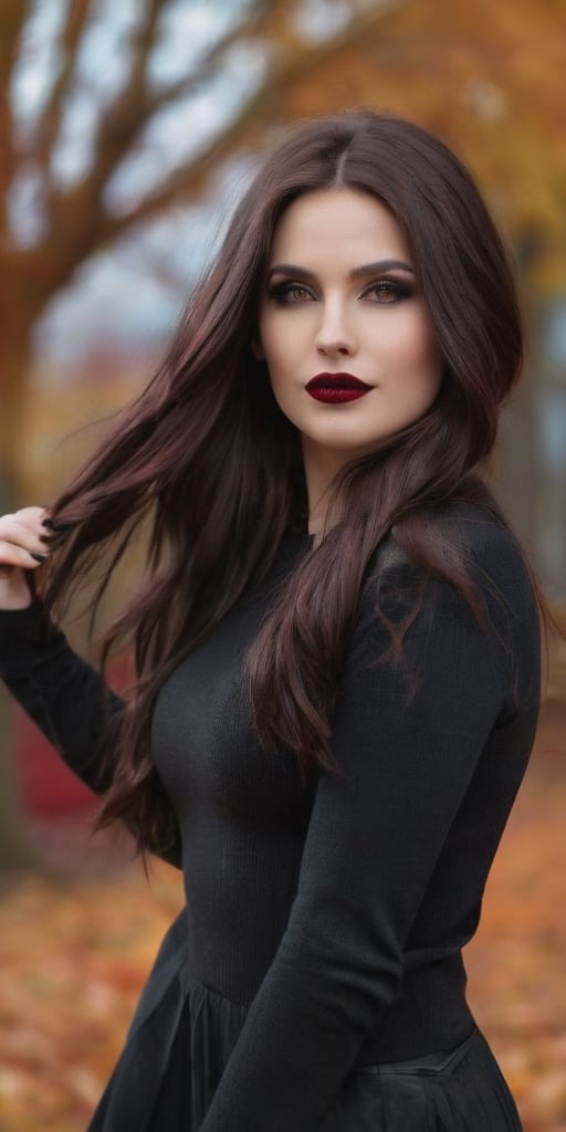 Generate hyper realistic image of a beautiful woman with lustrous chocolate brown hair cascading down to her waist. She wears a dark black sweater, and her long hair partially frames her face as she looks directly at the viewer. Adorned in gothic makeup with big dark red lips and a pale face, she stands outside in the crisp autumn air. With a confident smile, she emanates an enchanting gothic charm amid the fall foliage.