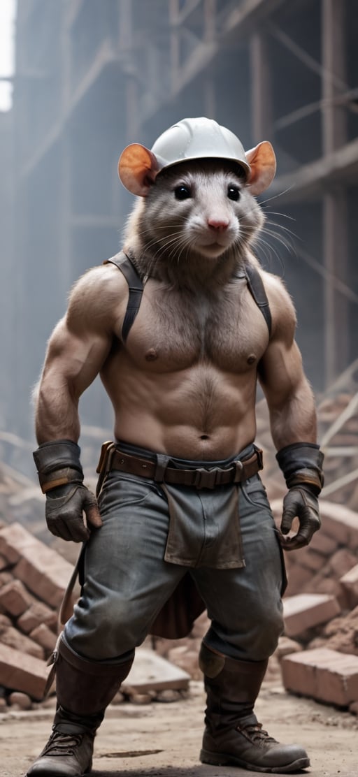  create a Bunch of rat with mens body.carrying bricks in construction site,athletic human body,  visible tails, wearing work safety outfit and helmet, work shoes , sharp focus,symetrical size . ,Movie Still,more detail XL