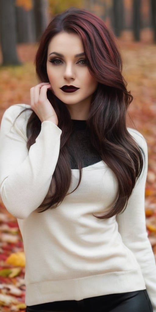 Generate hyper realistic image of a beautiful woman with lustrous chocolate brown hair cascading down to her waist. She wears a dark black sweater, and her long hair partially frames her face as she looks directly at the viewer. Adorned in gothic makeup with big dark red lips and a pale face, she stands outside in the crisp autumn air. With a confident smile, she emanates an enchanting gothic charm amid the fall foliage.