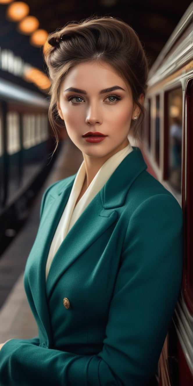 Generate hyper realistic image of a nostalgic portrait of a model woman in a vintage train station, embodying timeless elegance. Highlight her refined expressions, stunning eyes, and makeup that complements the vintage aesthetic, with a hairstyle that adds a touch of classic glamour.