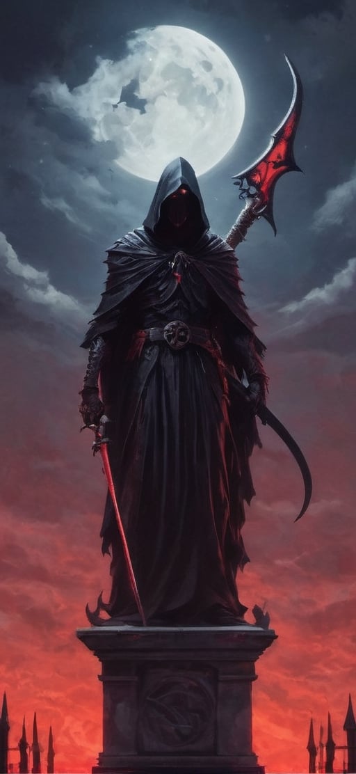  create a Grim reaper standing on top of church roof. he is facing the viewer. he is holding a  bloodyscythe,He is illuminated from back by red moonlight.Terrifying, death, image taken from below of grim reaper.,fantasy00d,night_view_background,horror,perfect light,schorror,monster,hallow33n