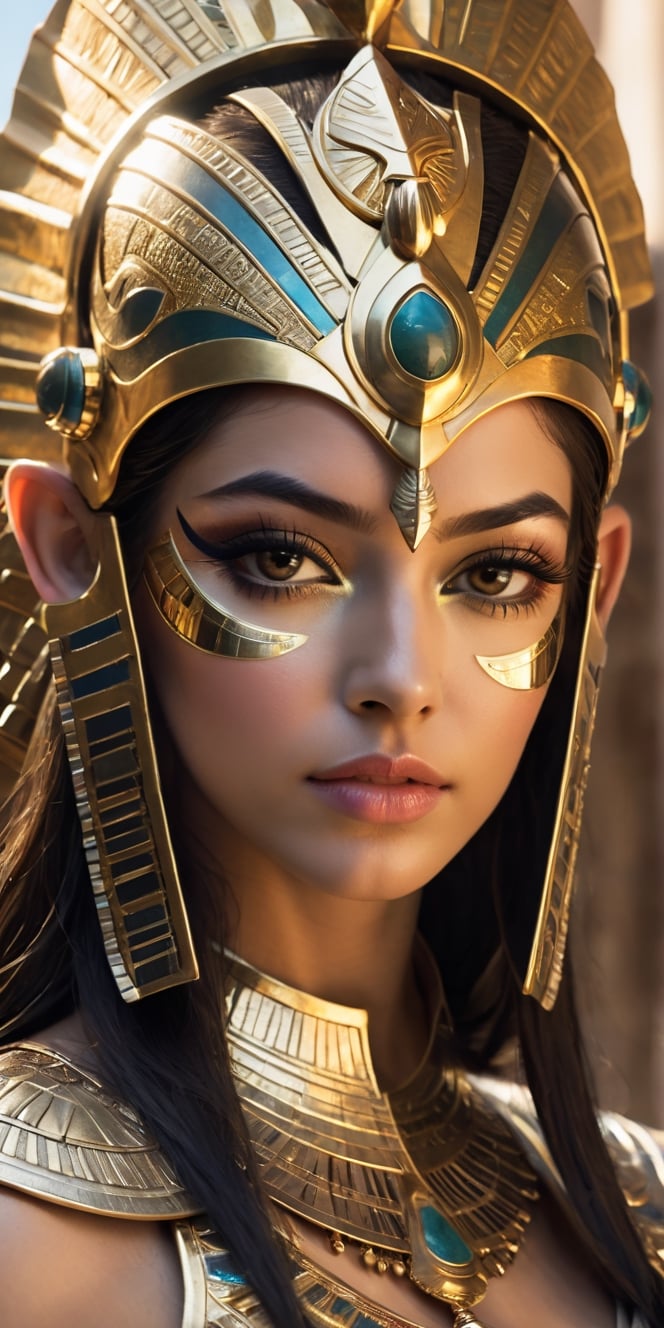 create a hyper realistic image of beautiful woman wearing  golden egyptian mask and attire, stunning and elegant, lost arc, up close , 8k, high detailed, sharp focus.,Extremely Realistic,Movie Still,Stylish,Man,Portrait,more detail XL,Sci-fi 