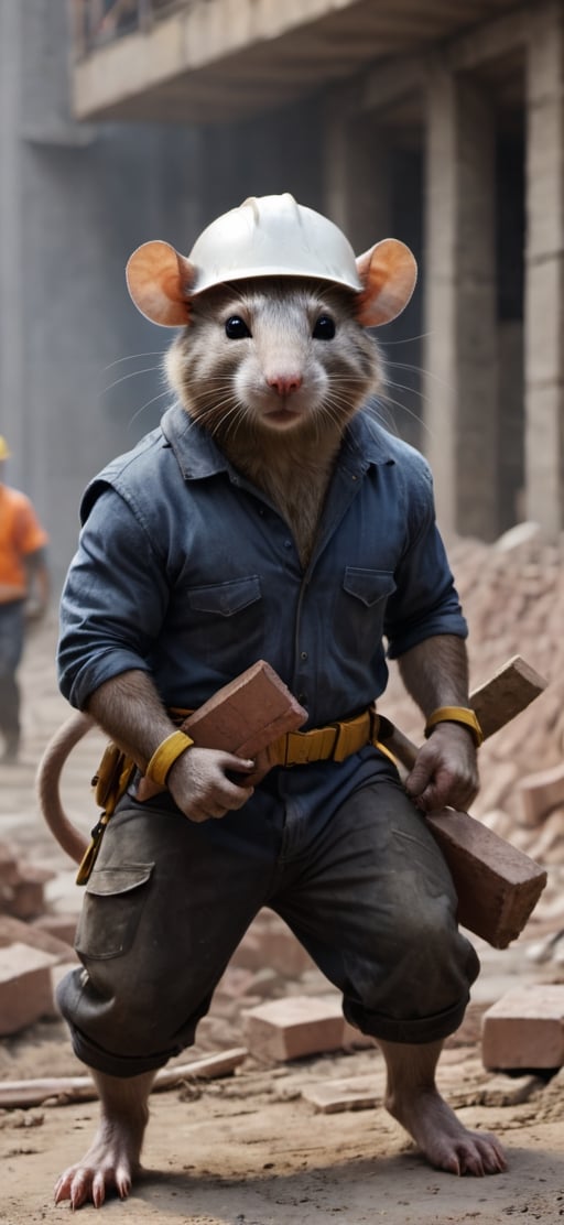  create a Bunch of rat with men body.carrying bricks    in construction site, visible tails, wearing work safety outfit and helmet, , sharp focus, . ,Movie Still,more detail XL